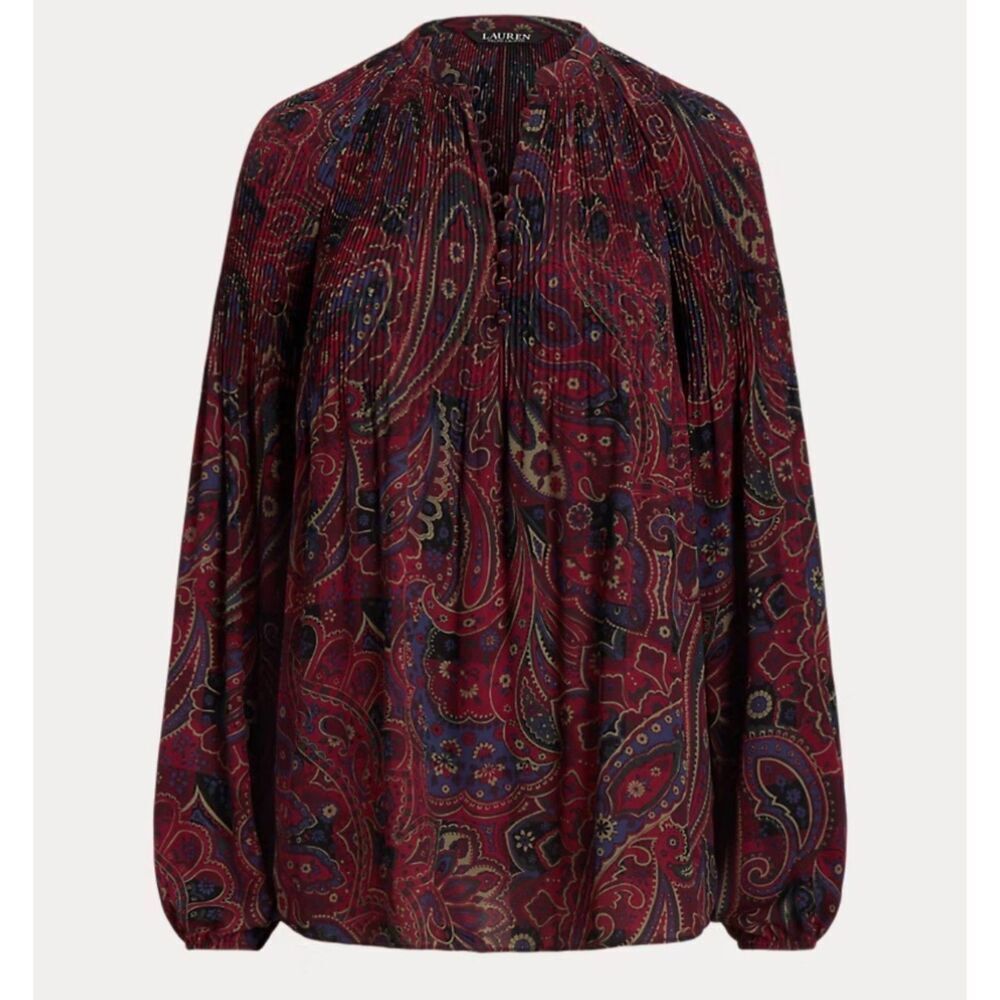Lauren Ralph Lauren Women's Size L Red Paisley Pleated Georgette Blouse Classic